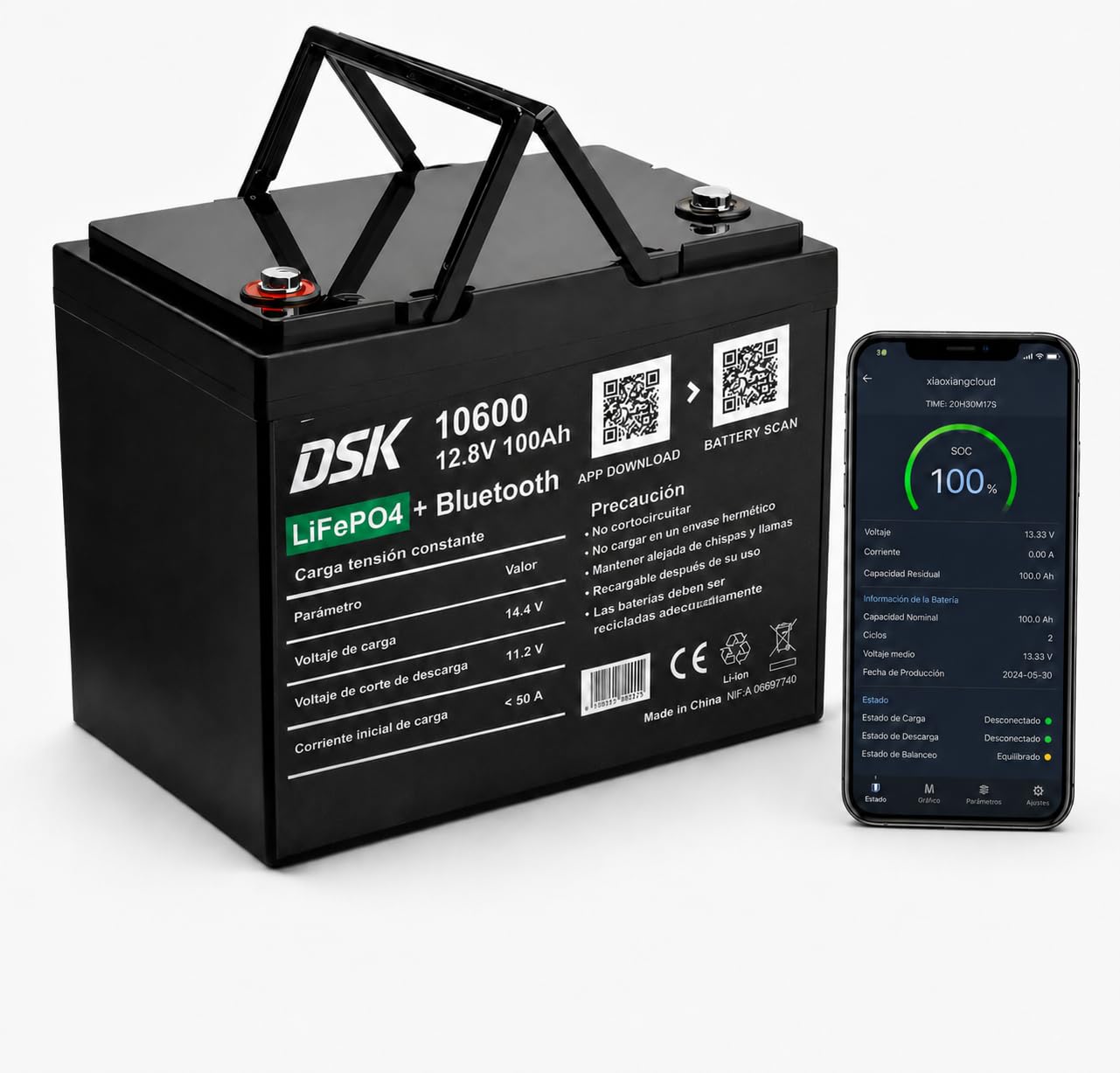 DSK Batería LiFePO4 12V 100Ah con Bluetooth, BMS, pantalla LCD, protección baja temperatura, batería litio 1280 Wh para autocaravana, energía solar, camper, barco, SAI y energía renovable premium