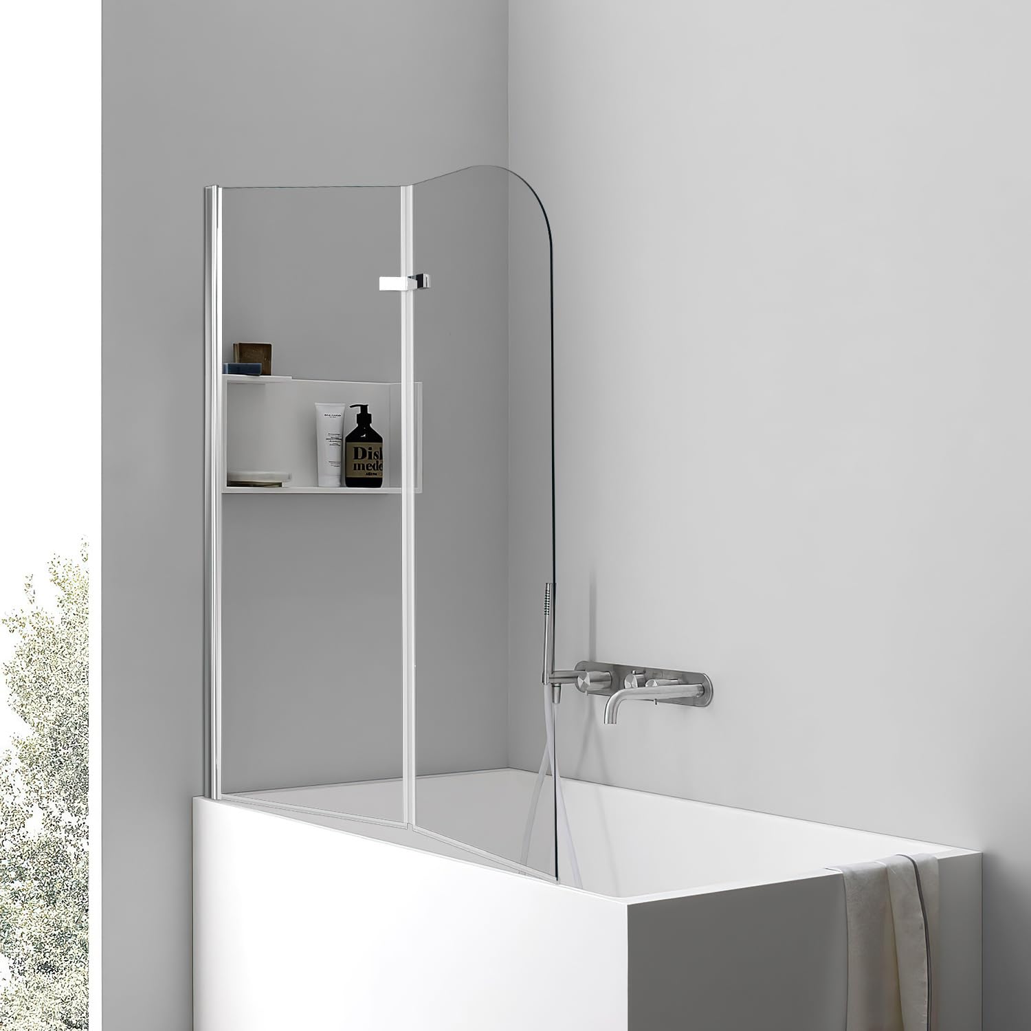 Accesorio para bañera de 100 x 140 cm, 2 piezas, plegable, mampara de ducha para bañera de cristal templado de 6 mm, nano-revestimiento, giratorio 180°, protección contra salpicaduras, color