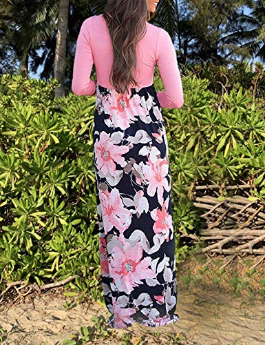 DUNEA Women's Maxi Dress Floral Printed Autumn 3/4 Sleeve Casual Tunic Long Maxi Dress Pink,XL