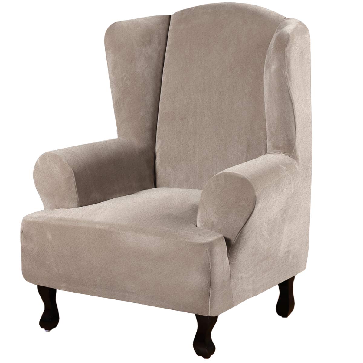 H.VERSAILTEX Wing Chair Cover Velvet Plush High Stretch Slipcovers for Wingback Chairs, Slip Resistant Stylish Wingback Chair Cover 1 Piece with Elastic Bottom, Anti-Slip Foams Added - Taupe