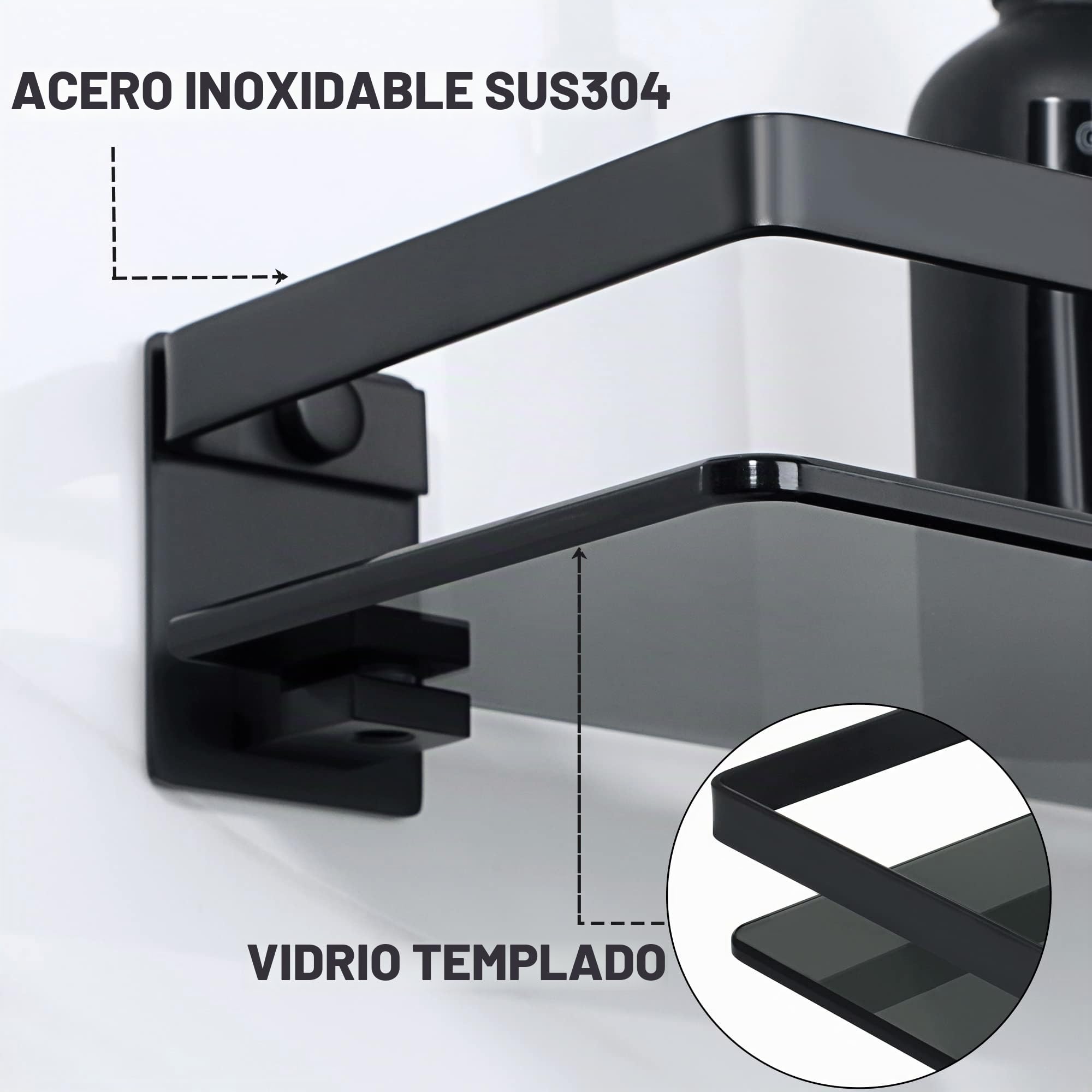 SAYAYO Estanteria Baño Sin Taladro Pared de Vidrio Ducha Cristal Accesorios Baño Negro Champú Organizador Acero Inoxidable Estante Baño 500mm x 125mm x 60mm, EGDL1001-50-B | Soporte de champú para baño y cocina