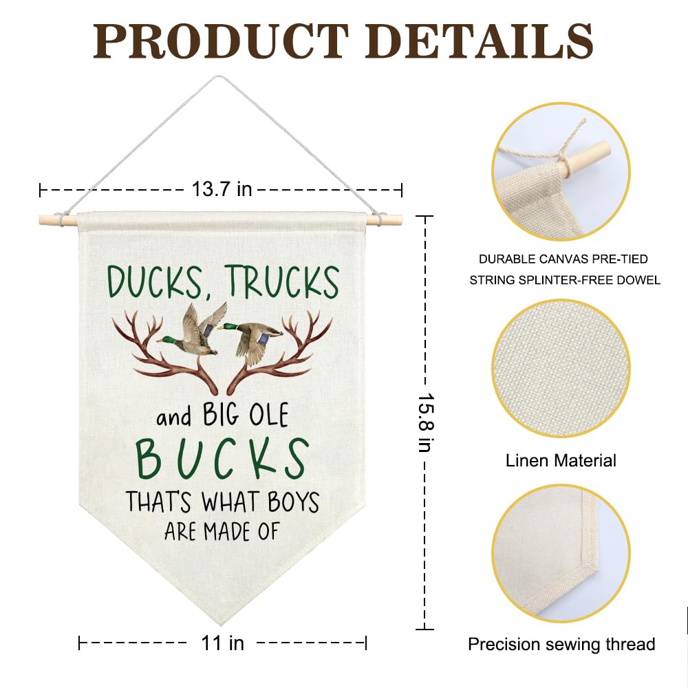 AGMDESIGN Ducks Trucks Big Ole Bucks That's What Little Boys Are Made Of Canvas Hanging Pennant Flag Banner, Deer Neutral Room Decor, Boys Hunting Gifts, Home School Classroom Kids Room Nursery Decor