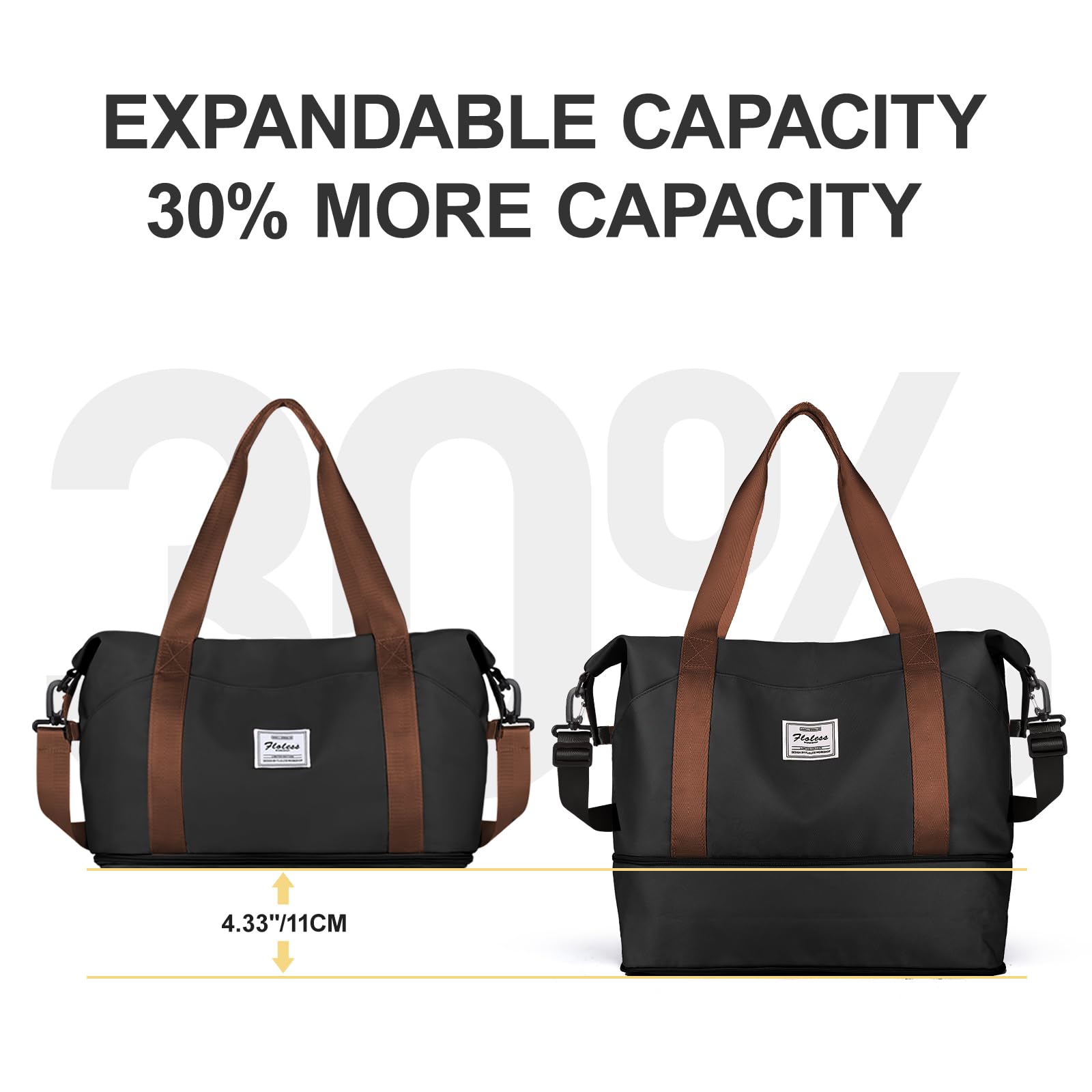 SZLX Travel Duffel Bag Weekend Bag with Trolley Sleeve,Ryanair Cabin Bag 40x30x20 Duffel Bag Wizzair,Dry & Wet Seperated Sports Gym Bag Waterproof Carry On Bag for Women Men Hospital Tote(Black Brown) — view 8