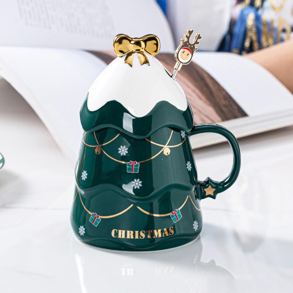 Cabilock 500ml Weihnachtstasse Groß mit Deckel & Löffel - Keramik Kaffeebecher Tannenbaum Grün, Lustige Teetasse für GlühweinKakao, Kaffeebecher & Milchtasse, Weihnachtsgeschenke für Frauen & Büro