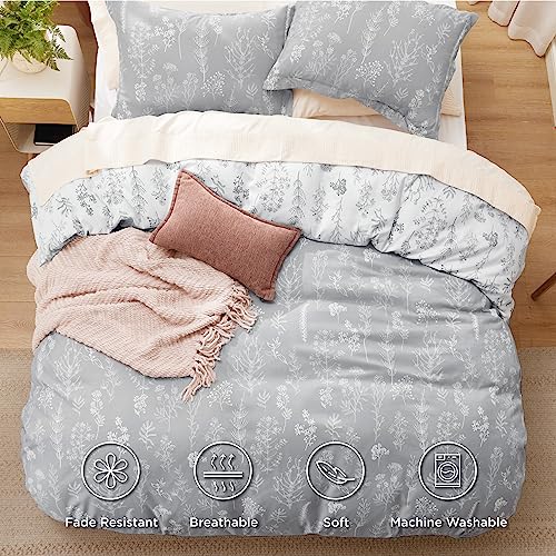 Image of Bedsure Duvet Cover Full Size - Reversible Grey Full Duvet Cover Set with Zipper Closure, 3 Pieces Cute Floral Botanical Pattern Bedding Set with 8 Corner Ties and 2 Pillow Shams