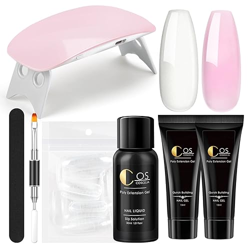 COSCELIA Kit de uñas de gel de extensión de poliéster, 2 colores, gel de extensión constructor, colores blanco nude, con minilámpara de uñas,