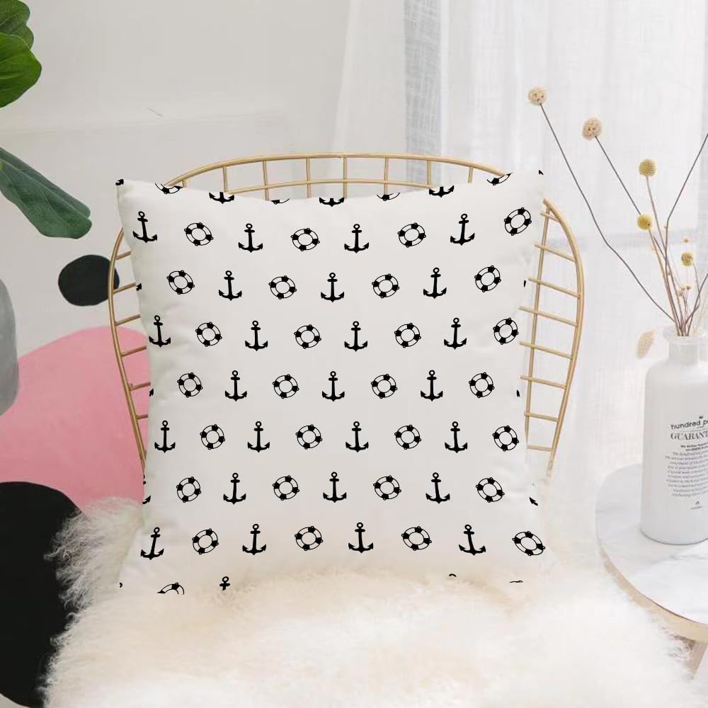 HYOSXW Cushion Cover,Throw Pillow Case Home Decorative for Living Room Bedroom Sofa Chair 16X16 Inch,l,Maritime Theme Objects Anchors and s Pattern Navy Ocean High Seas,Black and W,Pillowcase 40X40cm