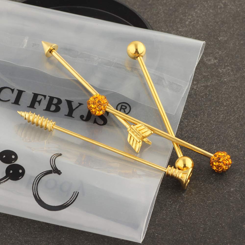 TIANCI FBYJS 9-16pcs 14G Industrial Piercing Stainless Steel Industrial Earrings Barbell with Chain Dangle for Women Men Cartilage Stud Industrial Piercing Jewelry 1 1/2 Inch 38mm: 4pcs Gold Color