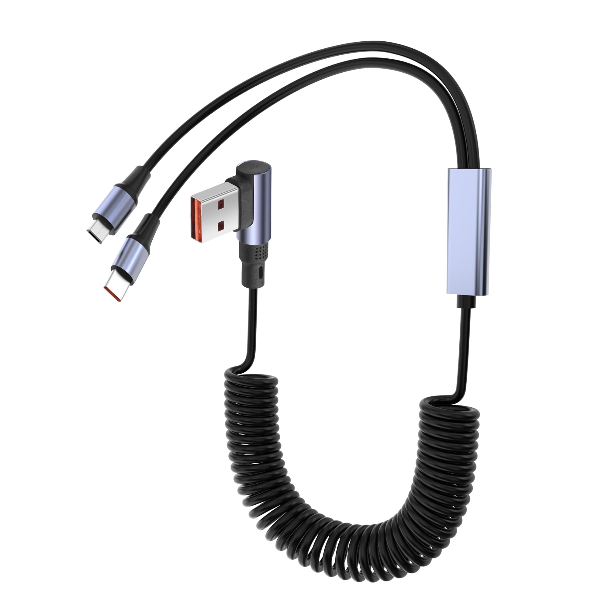 YACSEJAO 2-in-1 USB Ladekabel mit Spiralkabel,90 Grad USB-A 1-zu-2 Schnellladekabel,Einziehbares Federkabel für Smartphones,Tablets und Powerbanks (Micro+Typ C)