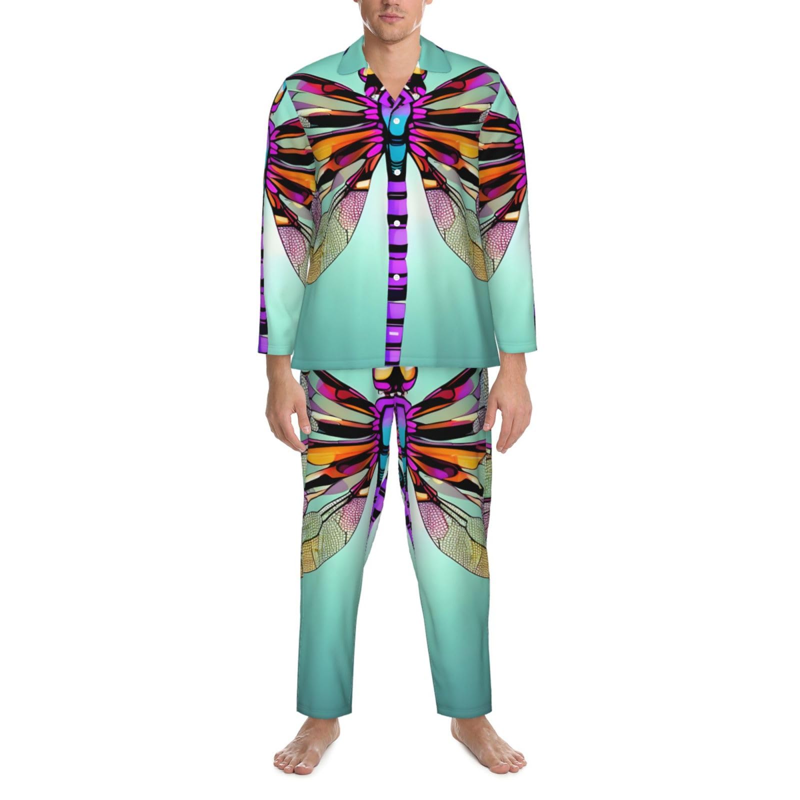 Herren-Pyjama-Set mit niedlichem Libellenmuster, langärmelig, zweiteilig, Hauskleidung, bequeme Nachtwäsche