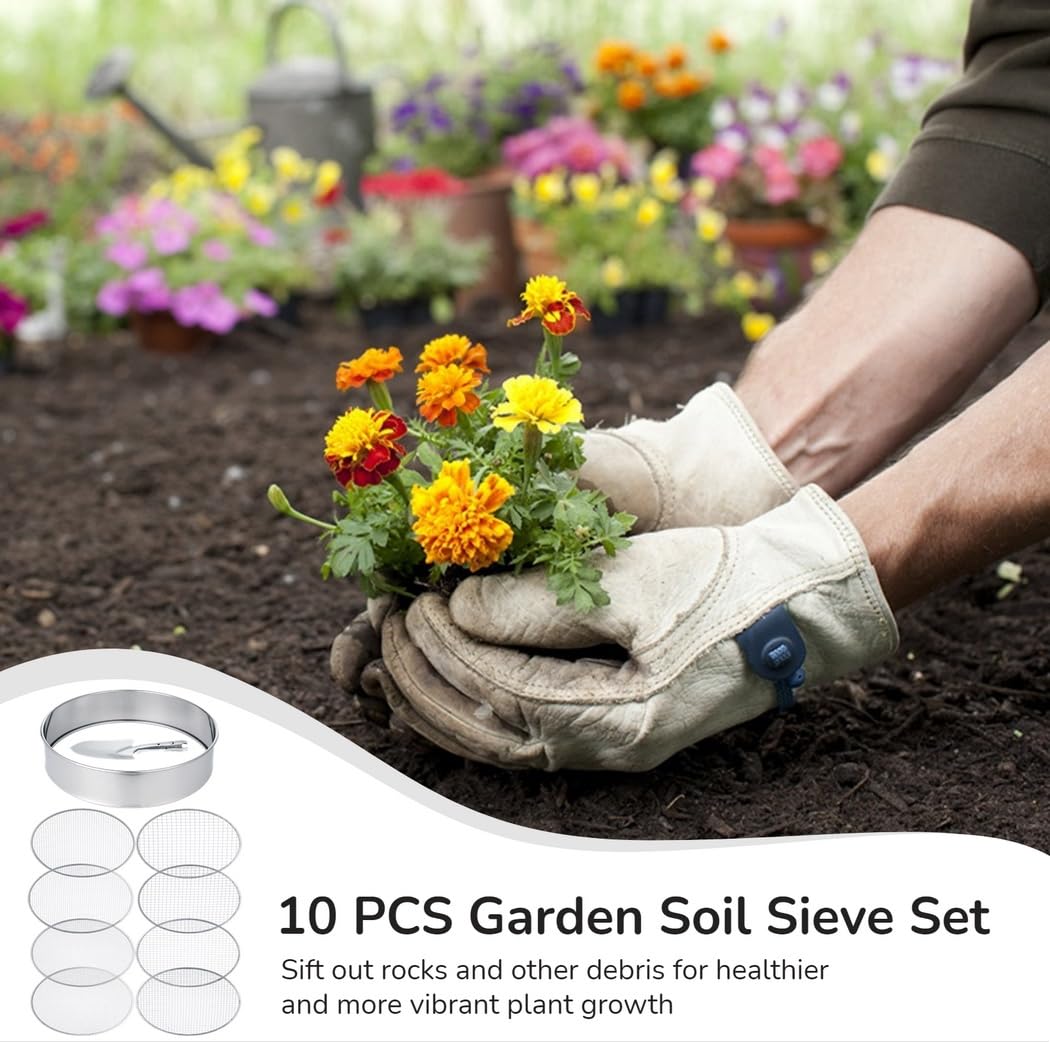 10-teiliges Erdsieb-Set, Gartensieb, 12 Edelstahl-Rätselsieb, feinmaschiges Bodensieb, Bodenschaufel und 8 austauschbare Filtermaschen 2, 3, 5, 6, 7, 9, 10, 12 mm
