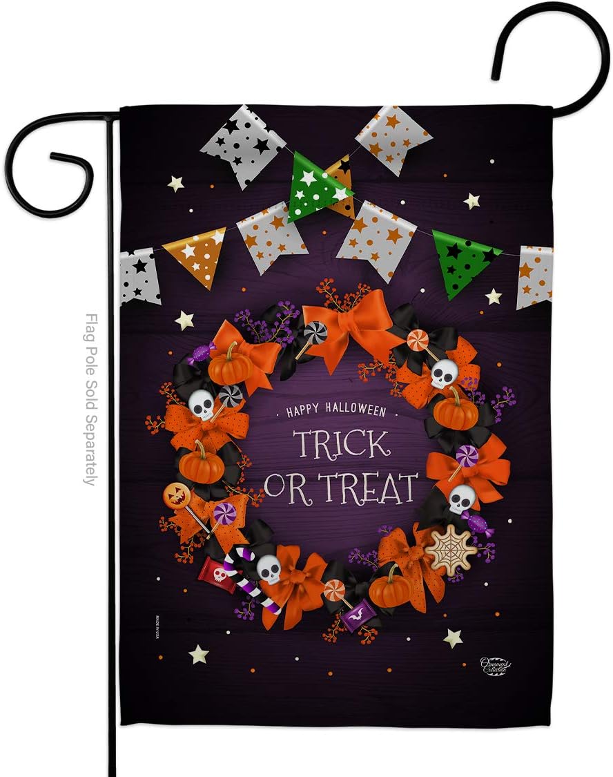 Trick Or Treat Wreath Garden Flag Set Mailbox Hanger Falltime Halloween Witch Spooky Night Black Cat Season Autumntime Pumpkin Small Gift Yard House Banner Made In USA 13 X 18.5