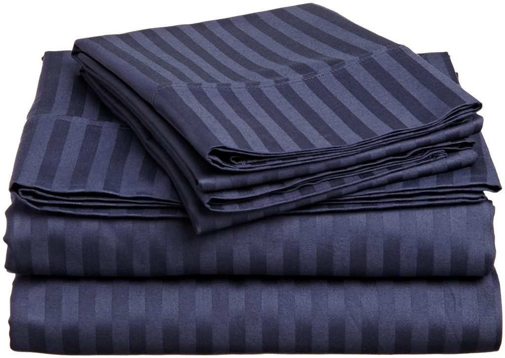 LUXURIOUS BEDDING UK Double Size 800 Thread Count New Soft Egyptian Cotton 25" Inch Deep Pocket Six (6) Piece Bed Sheet Set(1 PC Fitted,1 PC Flat,4 PC Pillow Cases) Navy Blue Striped