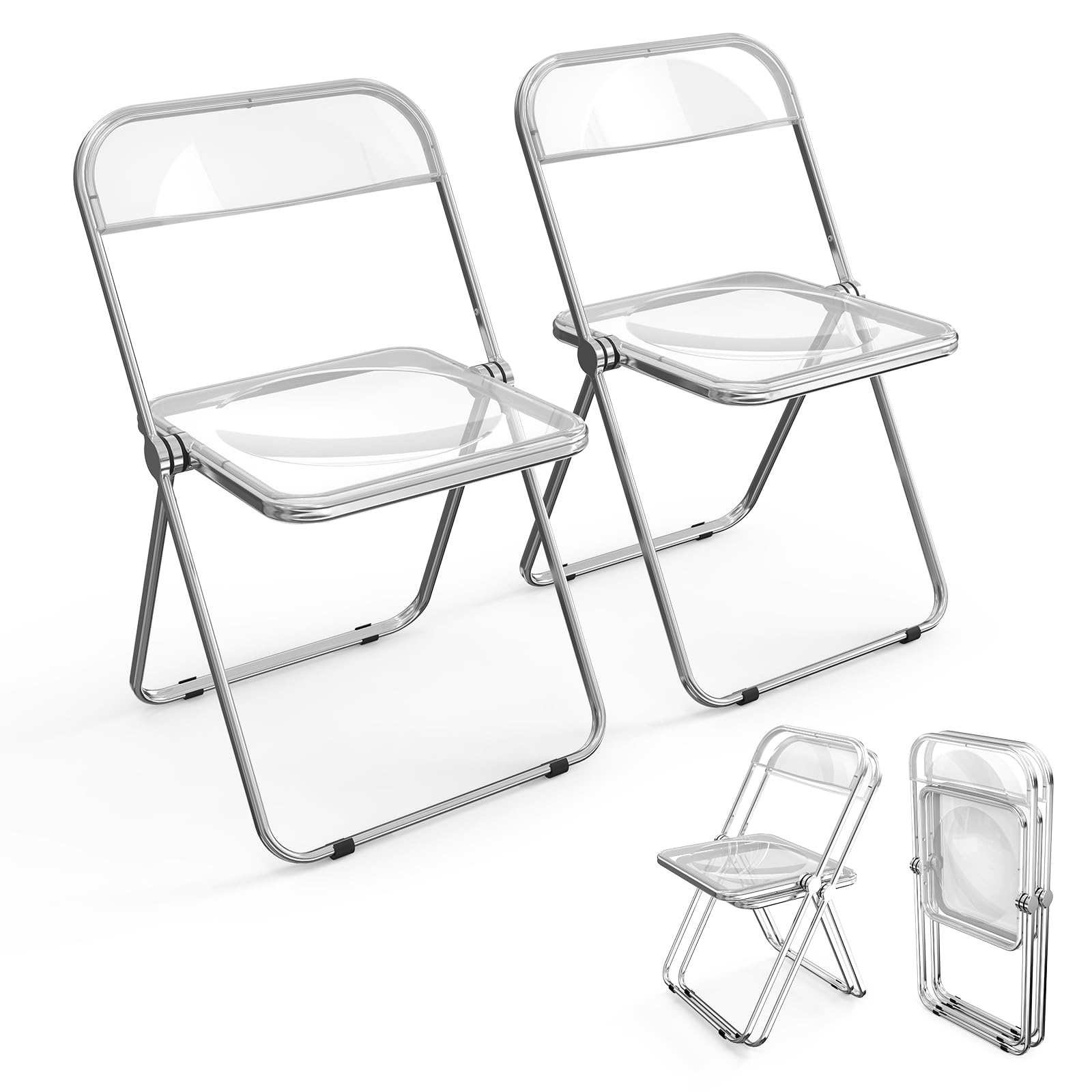 Bonnlo Set 2 Sedie Pieghevoli con Struttura in Acciaio e PET, Seduta Salvaspazio Richiudibile con Piedini, da Viaggio, Cucina, Soggiorno e Conferenza, 47 x 47 x 74 cm, Bianco Trasparente