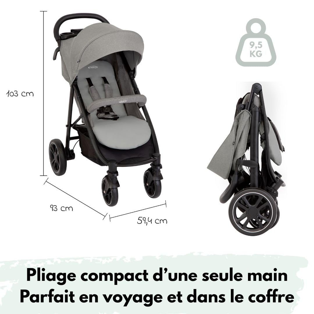 Graco EezeFold DLX – Poussette Compacte et Légère | Pliage à une Main, Suspension 4 Roues, Position Allongée, Grand Panier – Coloris Lunar Grey