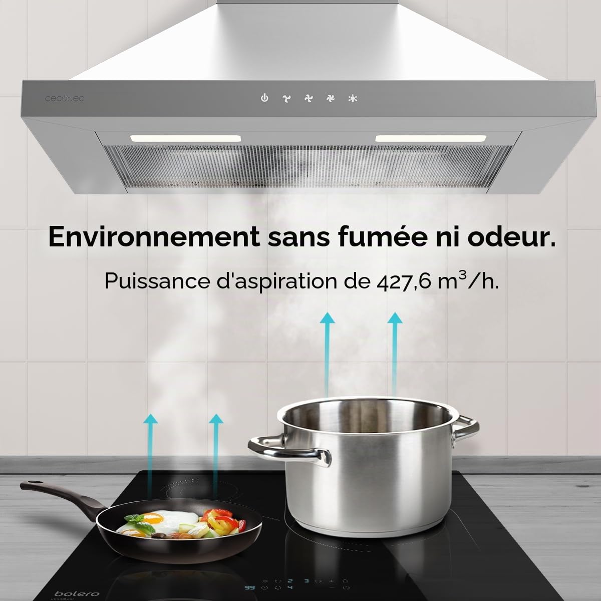 Cecotec Hotte Aspirante 60cm Pyramidale Bolero Flux PT 604000 Inox A+++. Aspiration 427,6m³/h, 3 Vitesses, SS Touch Control, Finition Inox, Basse Consommation, Moteur DC, Éclairage LED, Filtres Inclus