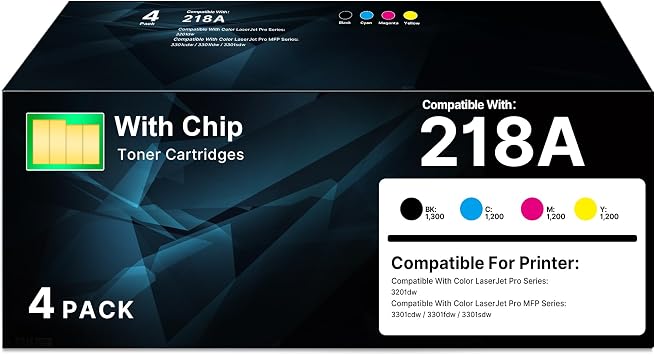 218A Toner Cartridges 4 Pack - 3301fdw with Chip Compatible for HP 218A 218X for Pro MFP 3301fdw 3201dw Color Laser Pro 3201dw MFP 3301 3301fdw 3301sdw 3301cdw Ink W2180A W2180X B/C/Y/M