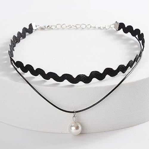 Miniatura 7 de Juego de 4 gargantillas góticas, gargantilla negra, collar de perlas con lazo vintage, collar de cuero punk, joyería gótica