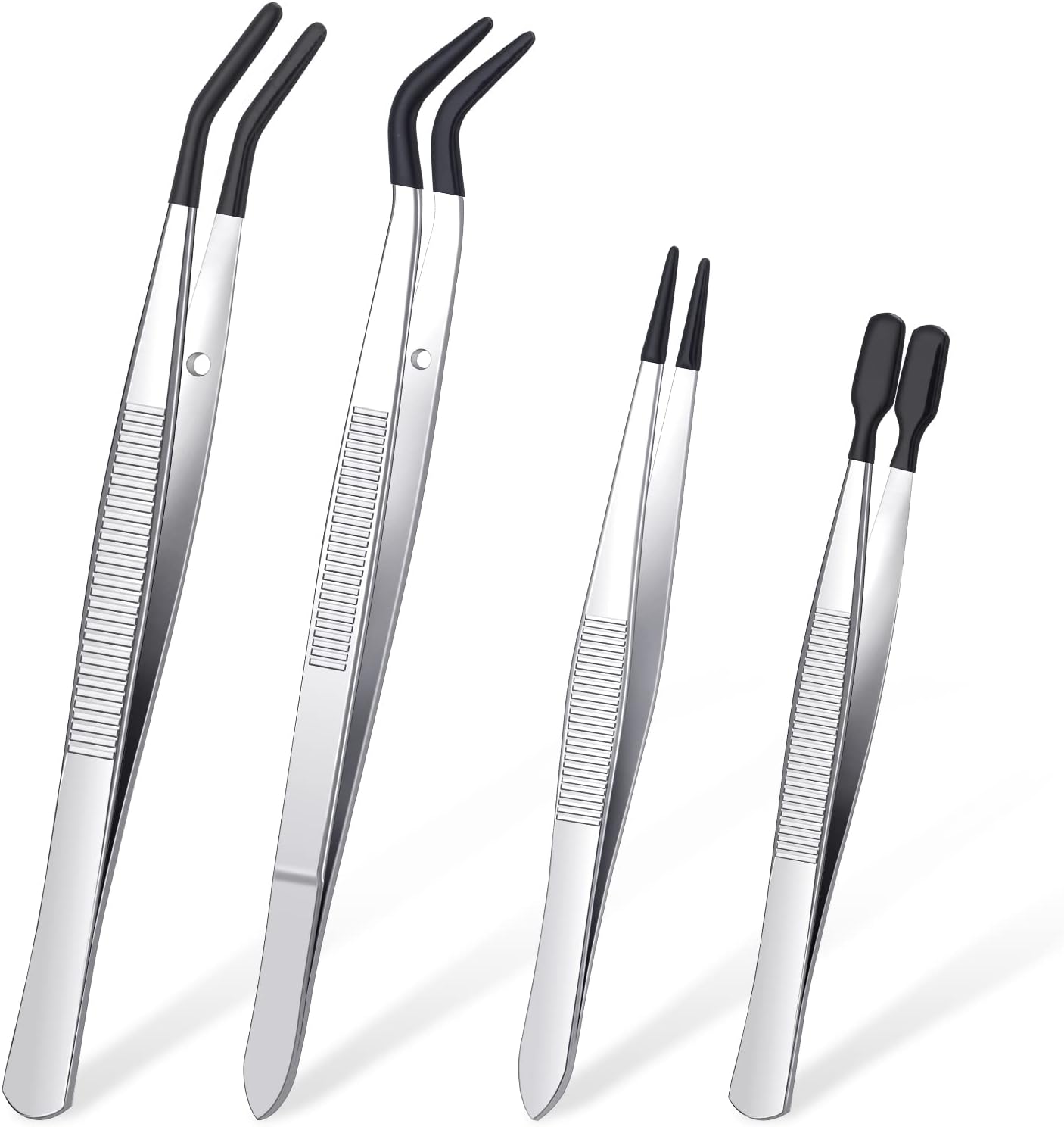 DragonflyDreams 4 Pieces Tweezers Set With Rubber Tips - PVC Coated, Straight Tip, Flat Tip, Long Bent - for Crafts, Stamps, Beads, Jewelry Tools