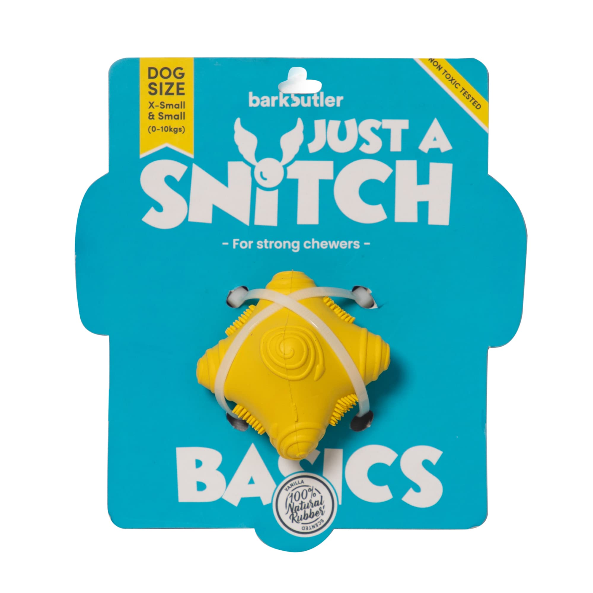 BarkButler Just A Snitch Super Durable Dog Chew Toy,Yellow|for X-Small-Small Dogs(0-10kg)|100% Natural Rubber|Mint Scented|Erratic Bounce|for All Breeds|Fetch,Play,Catch