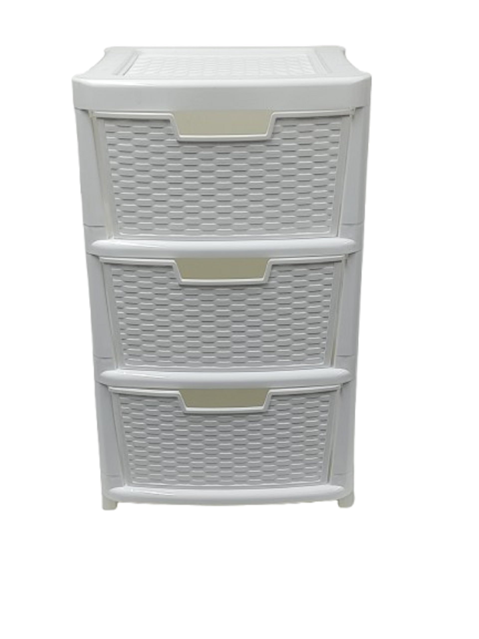 ELMORA'Z Large Storage Drawers Unit Rattan Effects Storage Solution Organizer Tower For Multipurpose Home Kitchen Office Laundry (Rattan White, 3 Tier)