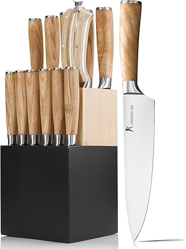 Miniatura 2 de Natura Series - Juego de 14 cuchillos y 6 cuchillos para carne, acero inoxidable de alto carbono ultra afilado, con mango de madera