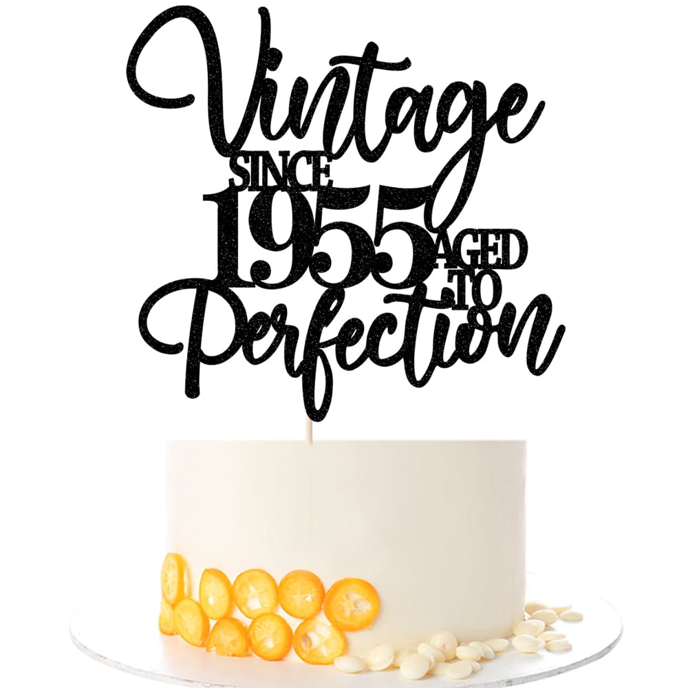 Kaoenla Vintage Since 1955 Aged To Perfection Cake Topper -Black Glitter Cake Topper-Celebrating 70th Birthday/69th Anniversary Party Decoration(70th) (1955)