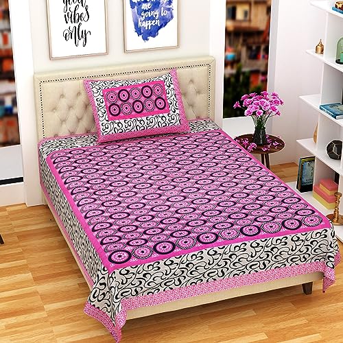 Image of RajasthaniKart Pure Cotton 144 TC Single Size Bed Sheet with 1 Pillow Cover - Bedsheet for Single Bed (Floral, Pink, Single Bedsheets Cotton)