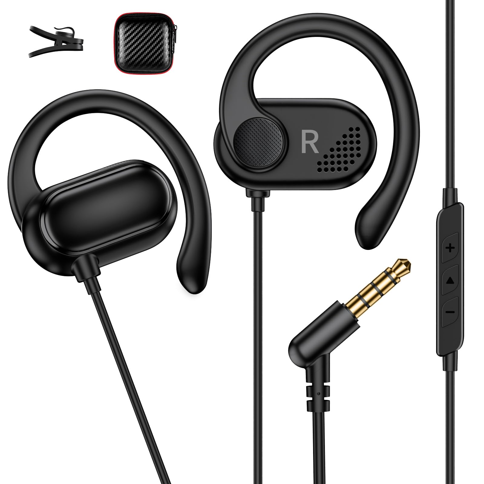 3.5mm Headphones with Ear Hook, Open Ear Sports Wired Earbuds with In Line Volume Control, Hifi Stereo AUX Corded Headphone with 3.5mm Plug Right Angled for iPod Cellphone Laptop Travel Airplane Black-image-41