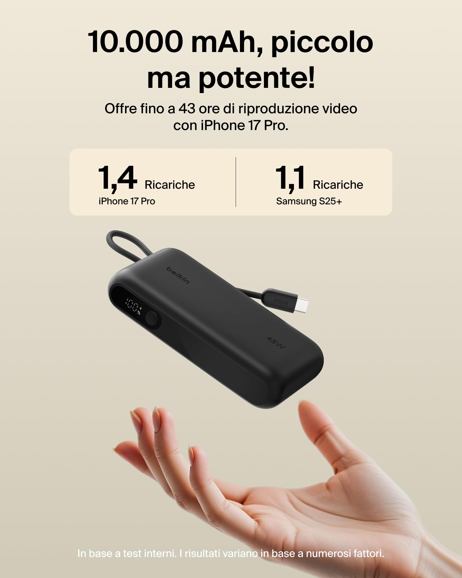 Belkin UltraCharge Power Bank 10000mAh con Cavo USB-C e Display - Nero | Caricatore Portatile 10000mAh, Ricarica 3 dispositivi (1 USB-C, Cavo USB-C Integrato, 1 USB-A), 45W, Pre-Caricato, Display