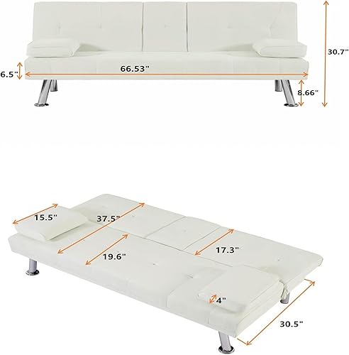 Miniatura 9 de Moderno sofá cama futón con 2 portavasos, sofá cama convertible con patasreposabrazos extraíbles, sofá biplaza tapizado de lino 100% tela, asiento