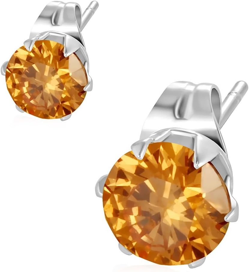 5mm Stainless Steel Topaz November Birthstone Circle Stud Earrings with Deep Topaz Cubic Zirconia Stones