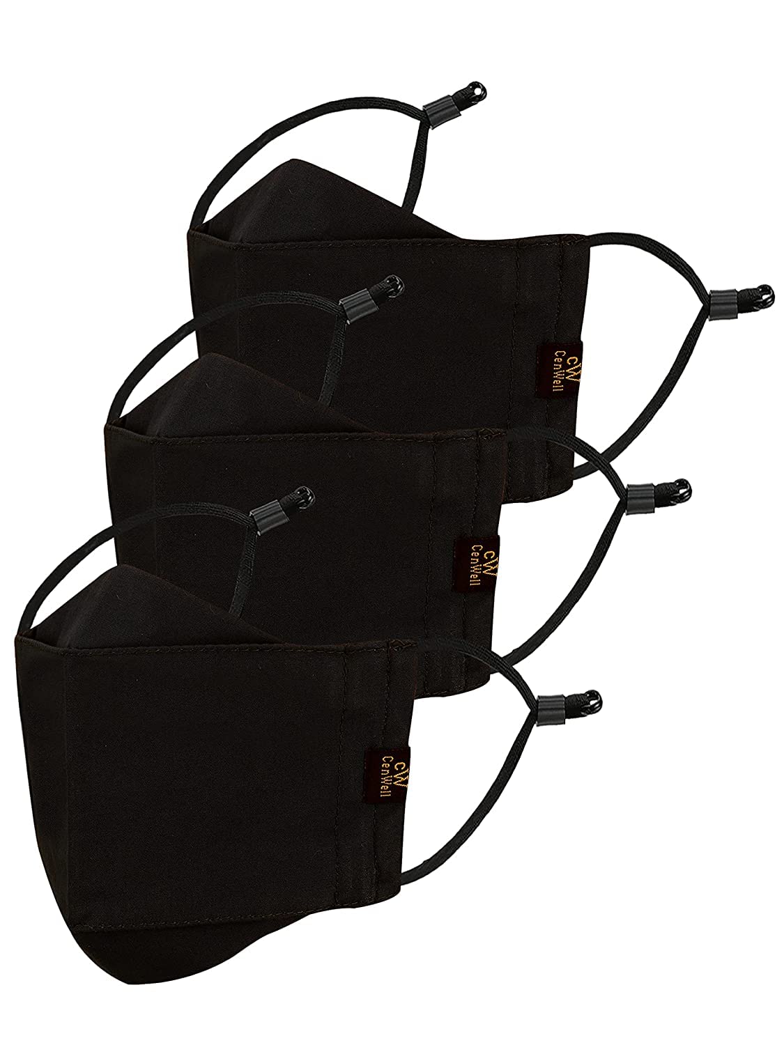 3 Pcs Ultra Comfortable Pure Cotton Face Mask with Adjustable Ear Loop & Free Ear Saver Strap, Washable Reusable & Breathable Mask for Men & Women (Black, Pack of 3)