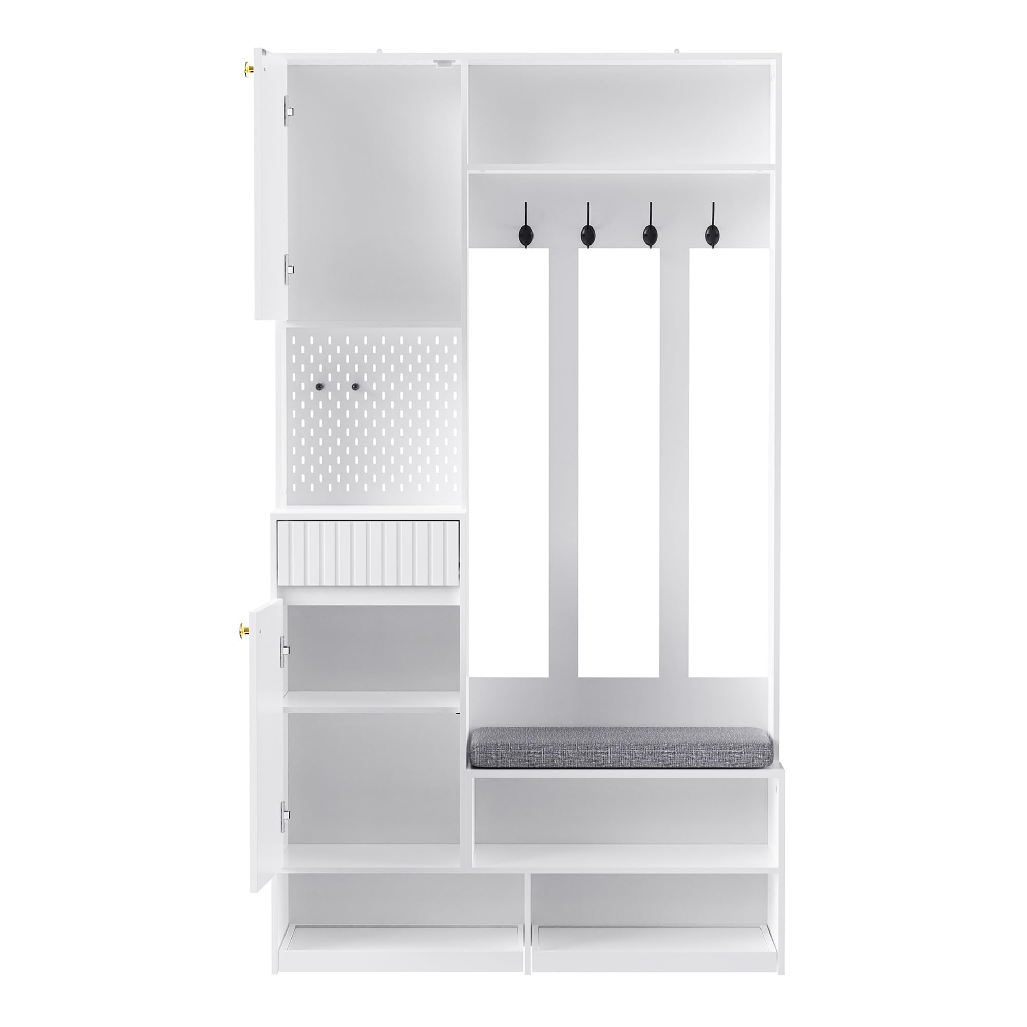 SogesHome Garderobenset mit Sitzbank, 4 Haken, Schubladen, Türen & Lochwand Flurgarderobe Weiß für Eingangsbereich 100 x 180 x 35 cm