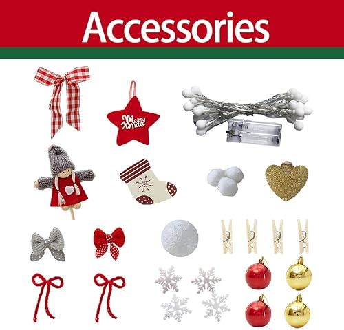 Miniatura 6 de JIEFULL Mini árboles de pino artificiales de Navidad de 17.7 pulgadas con adornos y tira de luz para decoración de escritorio (rojo)