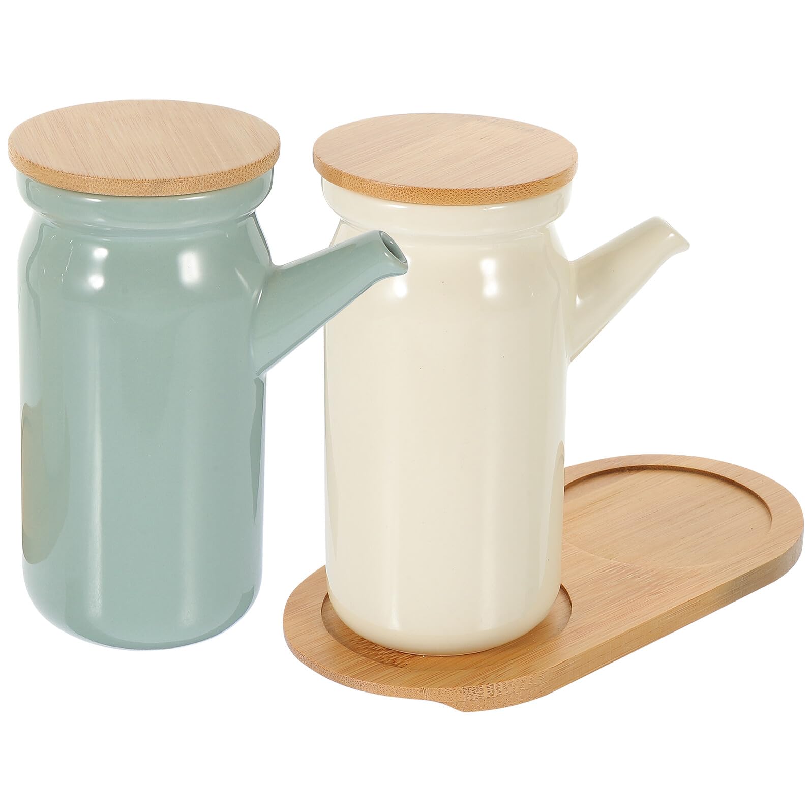 Set de Tarros de Cerámica para Condimentos y Aceitera Vinagrera de Cerámica en Beige y Verde Claro, Control Antigoteo, para Cocina Doméstica y Restaurante, 2 Piezas