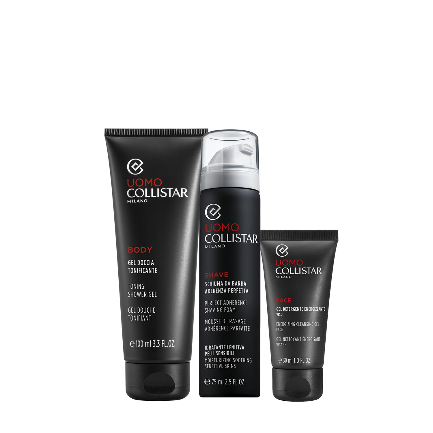 Collistar Męski zestaw upominkowy do golenia i czyszczenia, pianka do golenia 75 ml + energetyczny żel czyszczący 30 ml + mini żel pod prysznic tonizujący 100 ml