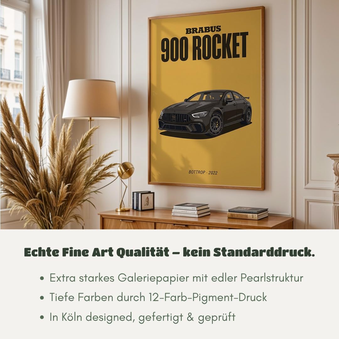 MJ-GRAPHICS® Poster Brabus Kunstdruck Auto 900 Rocket Wandbild sportlich Bilder dunkelgelb Schwarz Deko Büro modern A2 mit braunem Rahmen