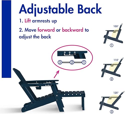 Miniatura 9 de BRIOPAWS Silla plegable Adirondack con respaldo ajustable y otomana, sillas de exterior de polietileno de alta densidad para todo tipo de clima con
