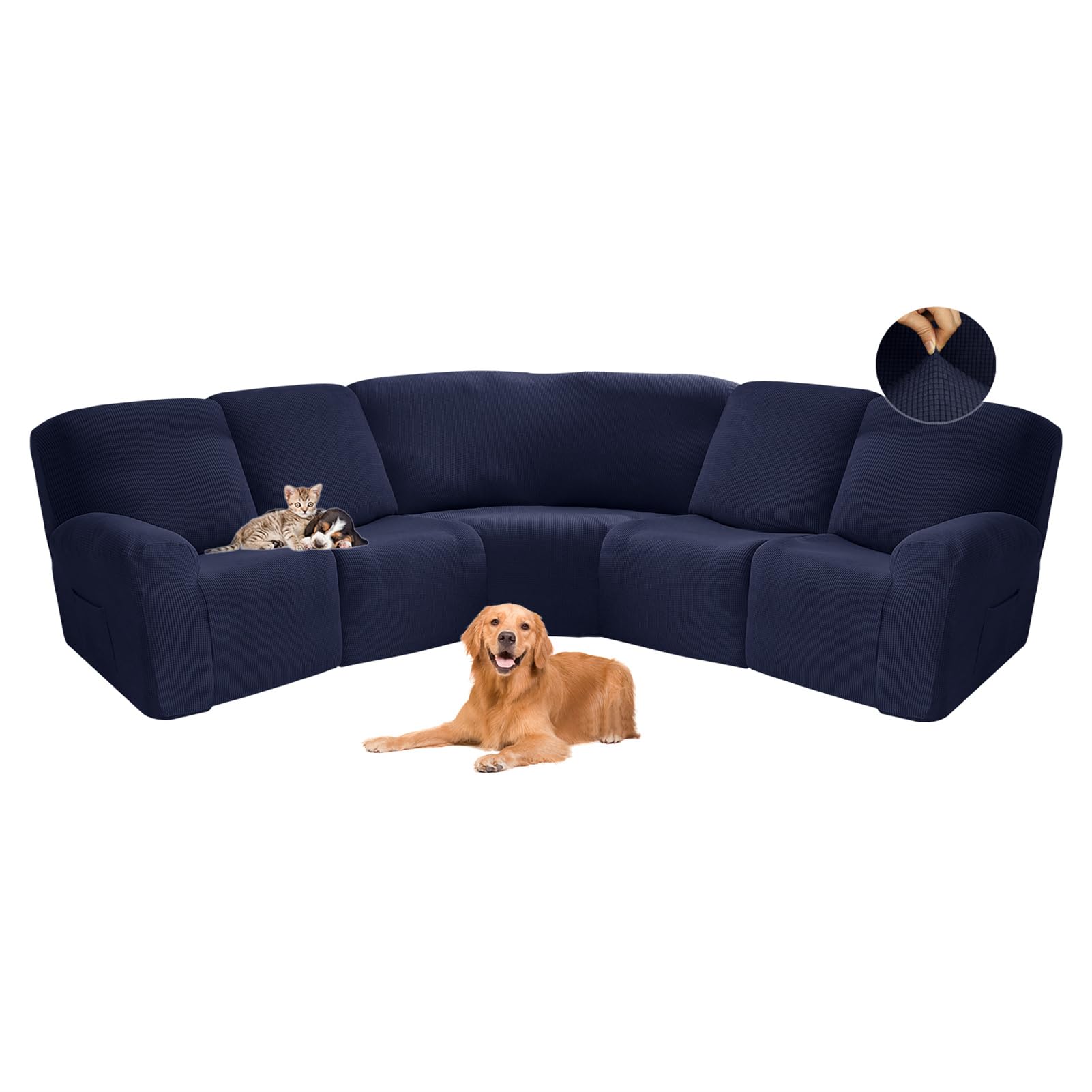 NNSMUN Sofa Cover Corner Shape, Super Stretch Corner Sectional Couch Covers for 4 Seat Recliner + 1 Corner Seat, 7-Piece Universal Sofa Covers, Recliner Slipcover (Navy blue,5 seats-7 pc)