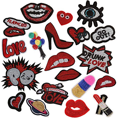 Choco Mocha 20PCS Sequin Lips Iron On Patches for Clothing Lips Sew On Decals for Jean Jackets Women Decorative for Clothes, Lips Shoes