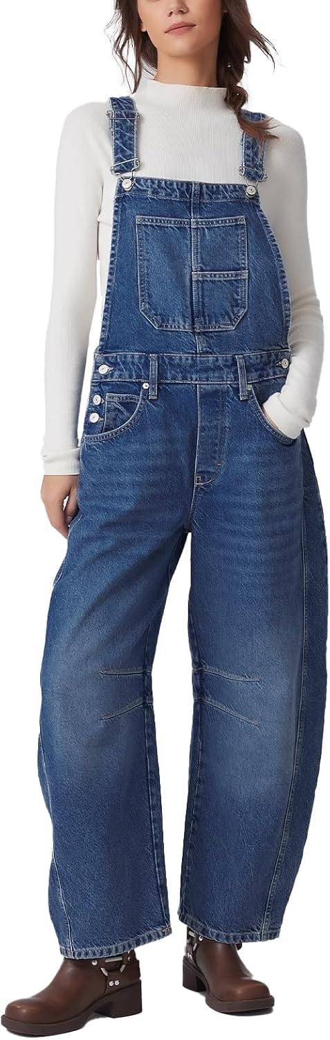 Ladyful Women's Denim Overall Casual Straight Wide Leg Bib Jeans Overall Adjustable Straps Denim Romper Stretch Jumpsuits