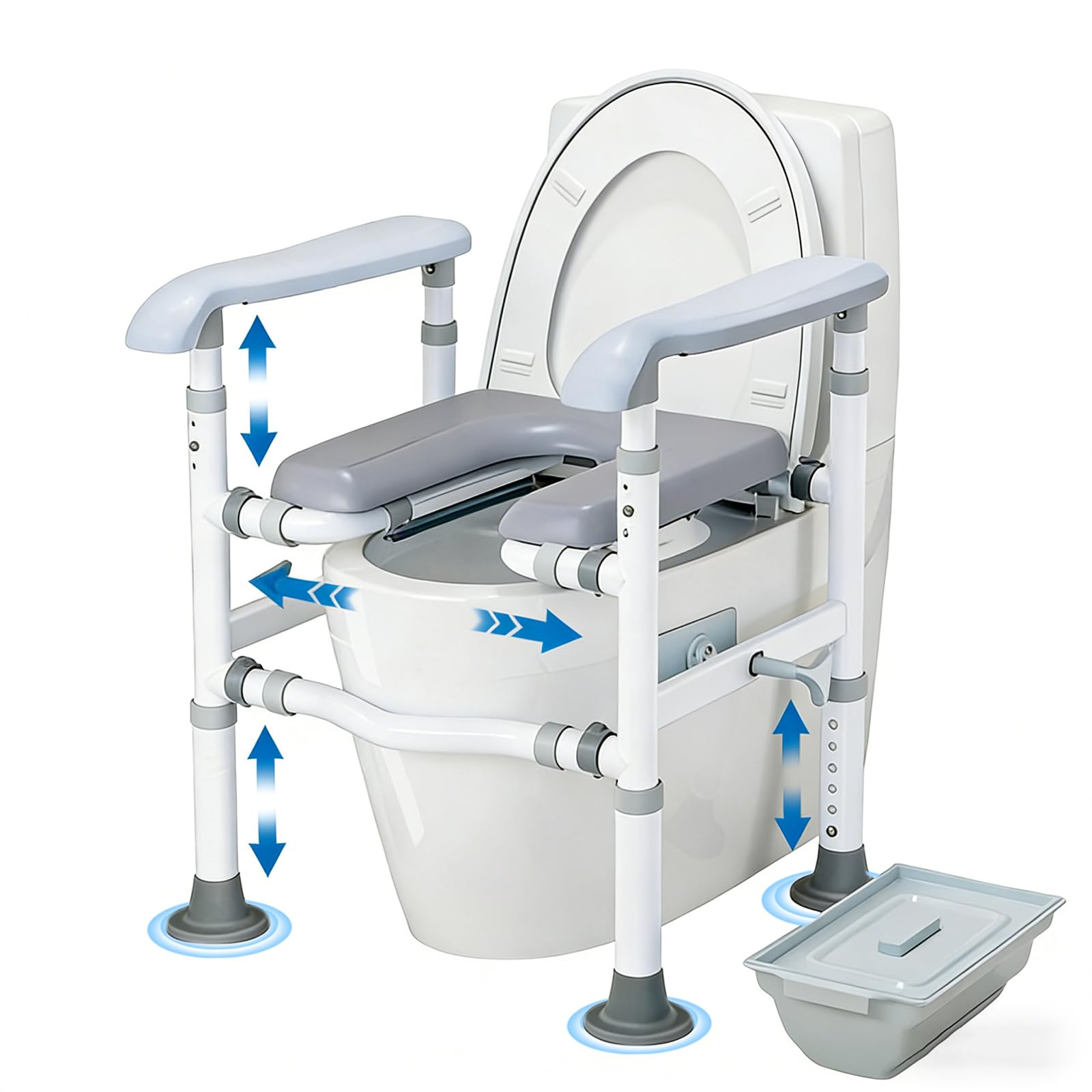 NJUN Toilettenerhöhung mit Unabhängig Verstellbare Armlehnenhöhe, 4-in-1 WC Sitzerhohung für Senioren bis 200 kg, Verstellbare Höhe & Breite Toilettenstuhl mit Gepolstertem Sitz und Abnehmbarem Eimer