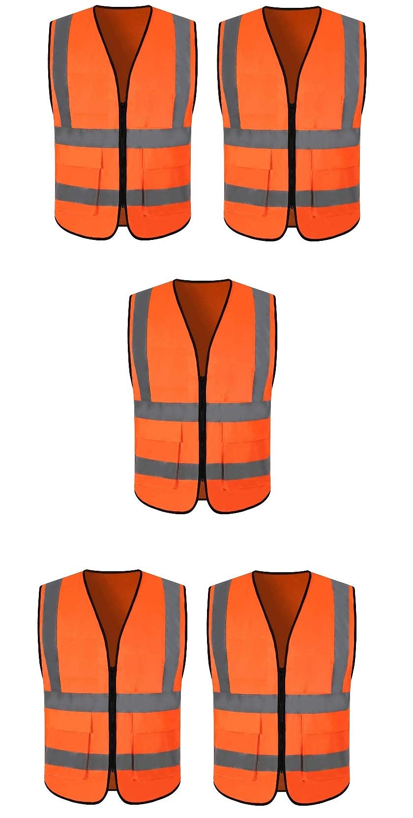 HOT LIFE High Visibility Fluorescent Reflective Safety Zipper Jacket 2inch Grey Reflector with 2 pockets for Tools Mobile (Set of 5, Orange) (B094WC65DV) Amazon Price History, Amazon Price Tracker