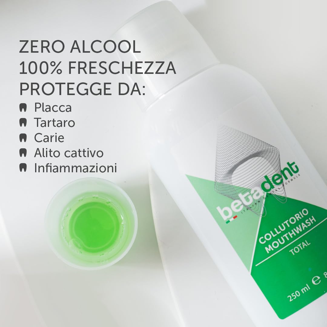 Betadent KIT 6 COLLUTORIO TOTAL Azione totale contro placca, tartaro, carie, alito cattivo, infiammazione gengivale. Ingredienti naturali, massima efficacia, alito fresco. 6x250ml