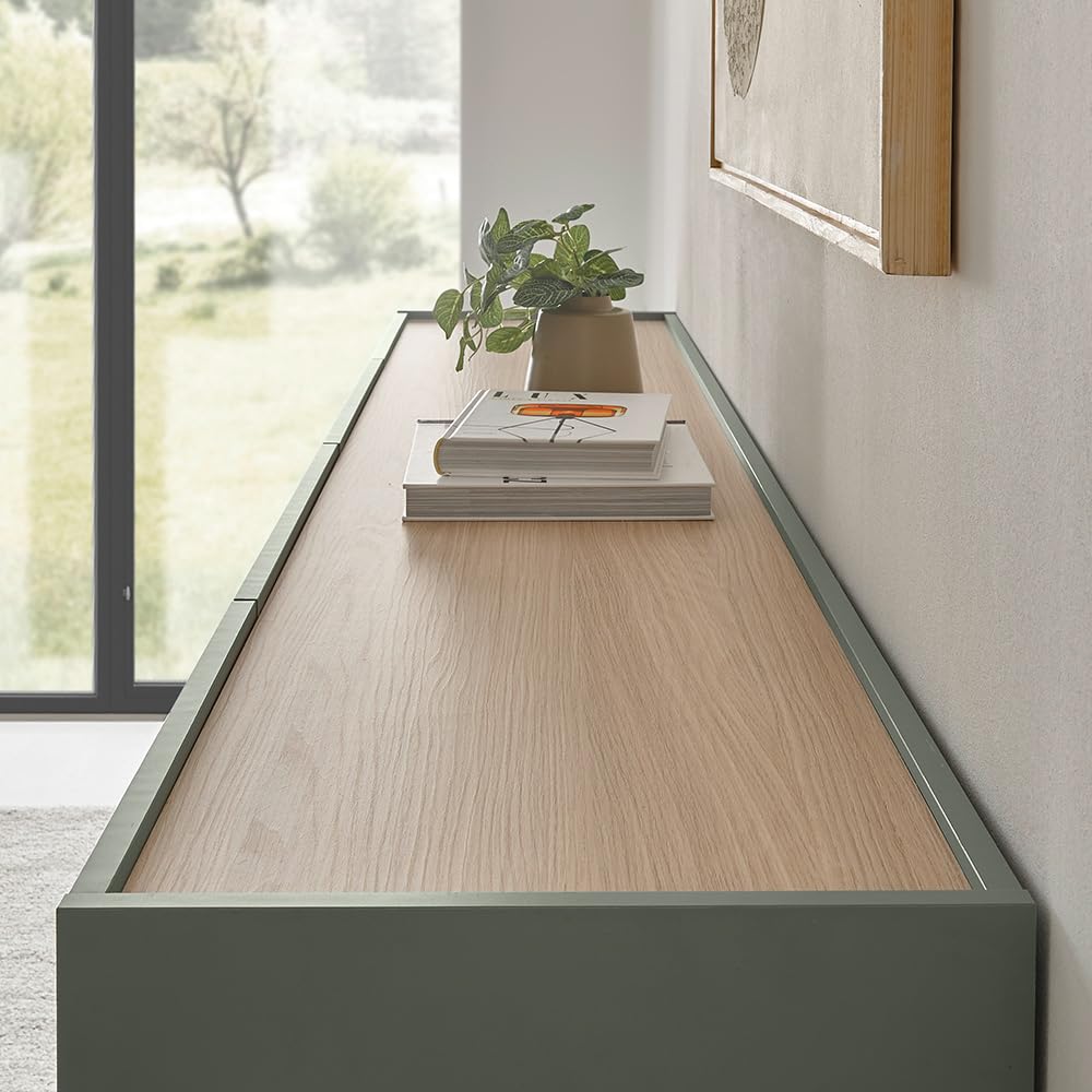 Lomadox Wohnzimmer Set in grün mit Eiche inkl. Beleuchtung, 6-teilig mit Sideboard, Couchtisch, Vitrinen, Regal