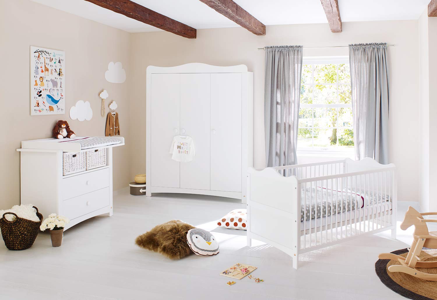 PINOLINO Kinderzimmer-Set Florentina breit groß, 3-tlg. mit Kinderbett, Wickelkommode und Schrank, weiß
