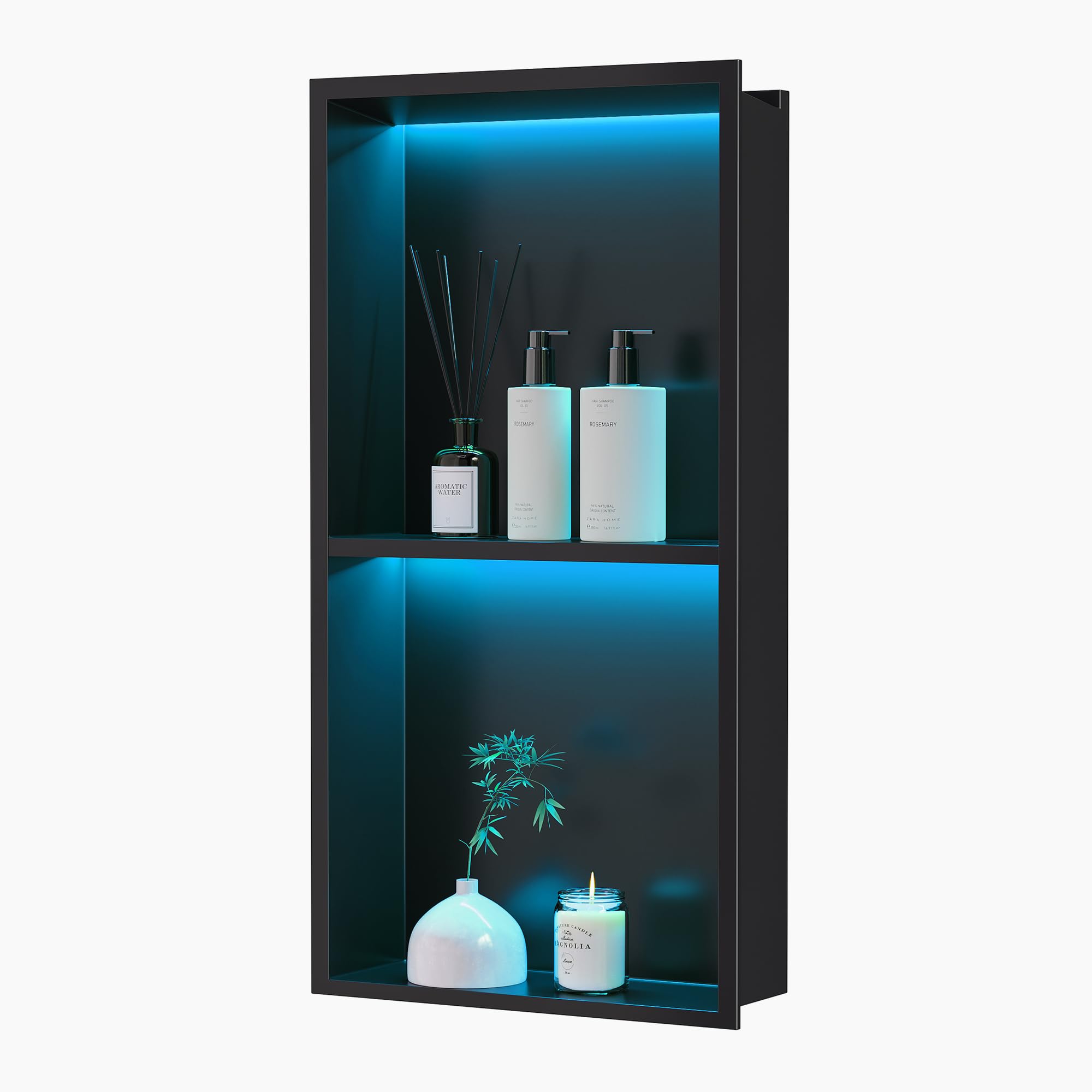 Ducha de pared de acero inoxidable con luz LED RGB, doble nicho de ducha negro con mando a distancia, 20 modos de iluminación IP68, almacenamiento para baño, 60 x 30 cm