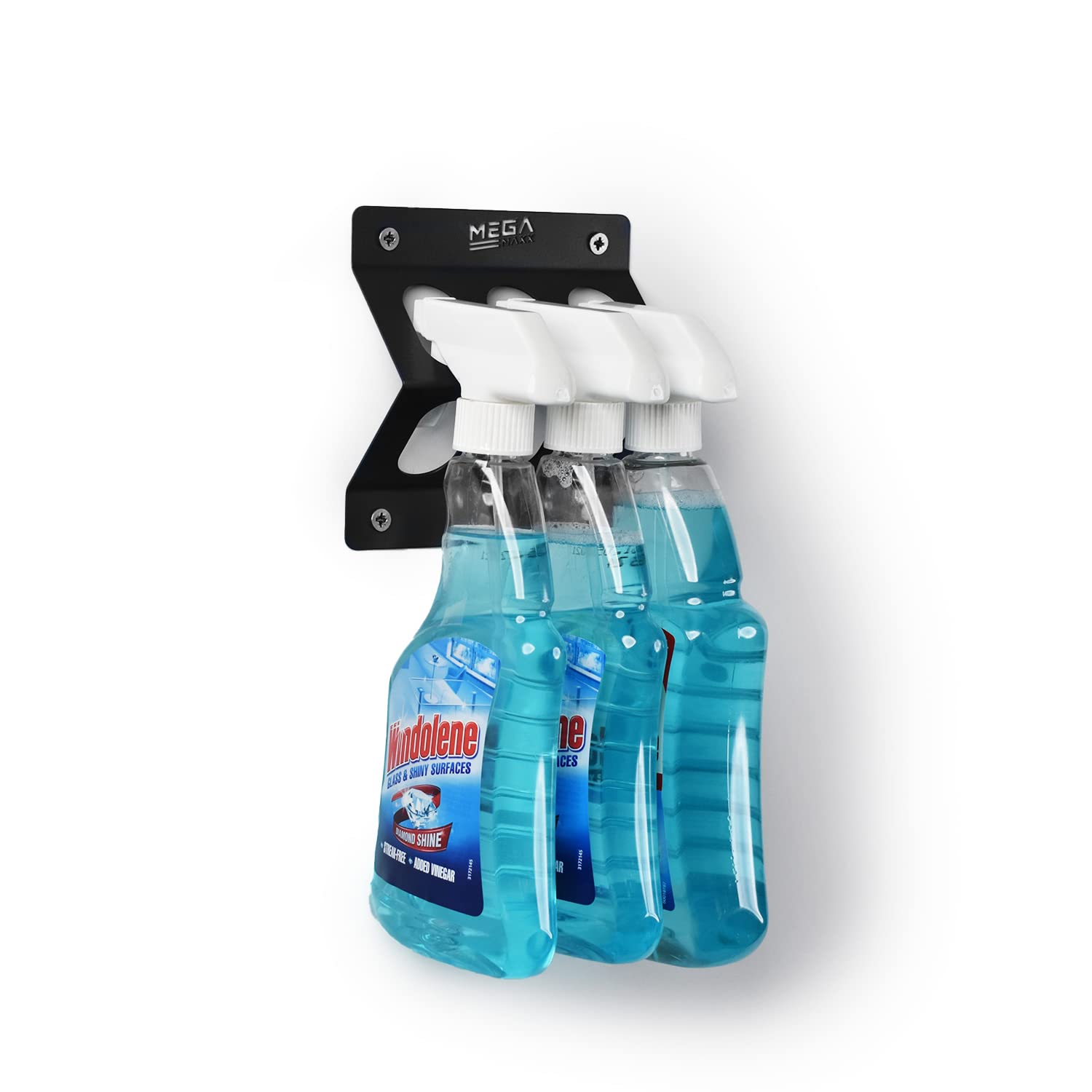 MegaMaxx UK Wall Mount Spray Bottle Holder - Hanging Rack - 3 Slots - Black Finish - Cleaning Accessories & Storage - For Home, Office, Garage, Warehouse, Workshop