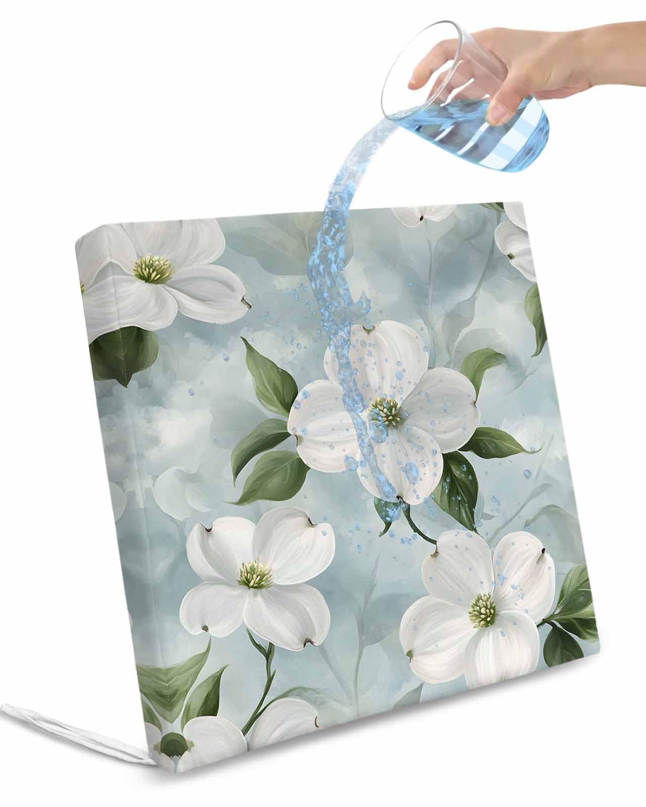 2 Pack White Floral Waterproof Cushion Covers with Ties, Outdoor Patio Chaise Lounge Chair Seat Cushion Slip Covers Replacement(Only Cover) Cottagecore Blooms Flower Spring Botanical 24